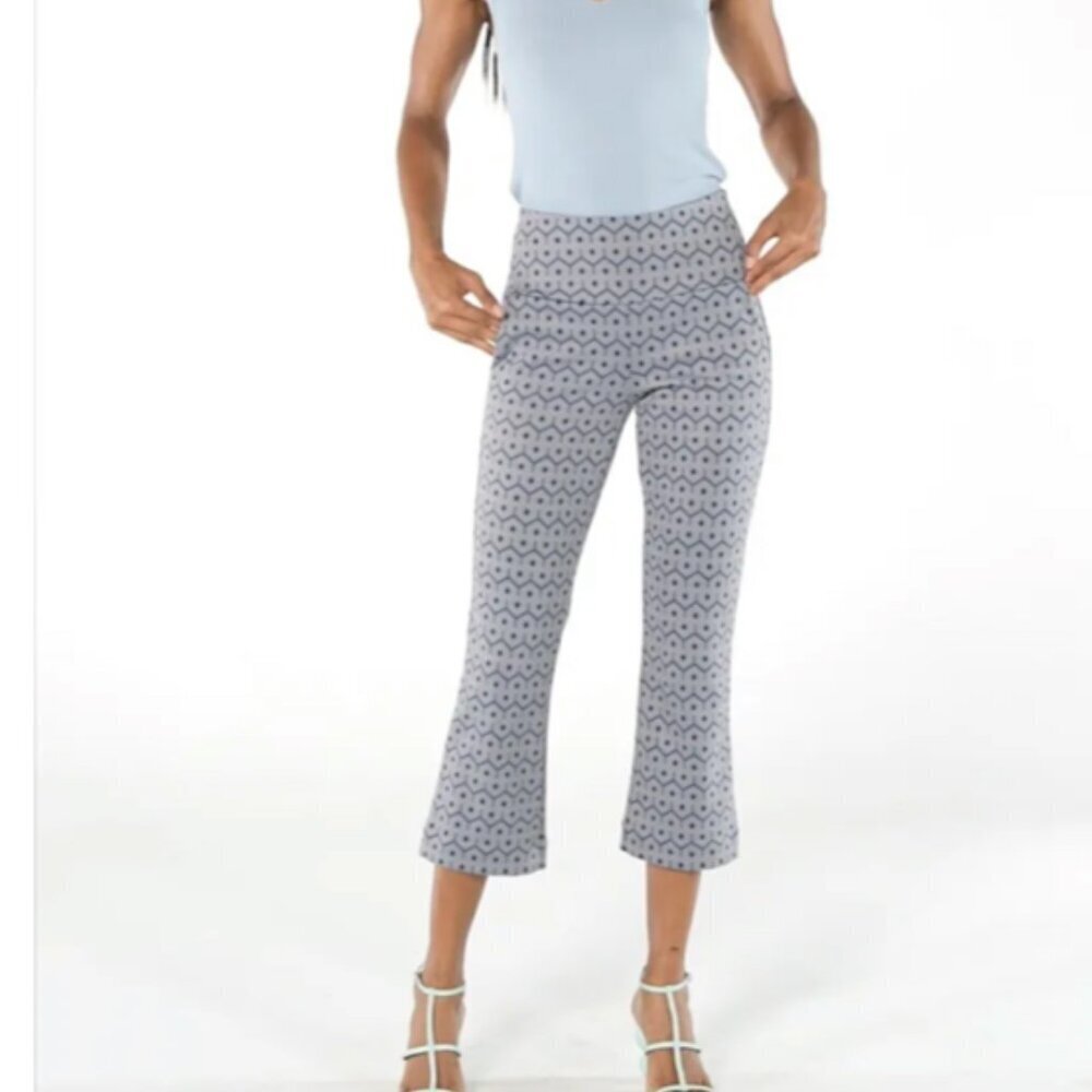 CAbi Tessera crop pants flared knit blue hexagon stretch pockets new XS X-Small